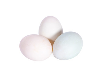 Three eggs, new raw egg white an isolated on white background