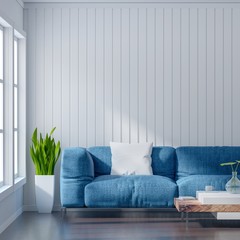 Empty living room with white wall and light blue sofa, Minimal Rustic,3D Rendering