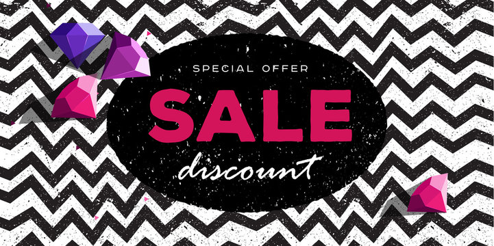 Special offer discount poster with zig zag pattern background and dimonds