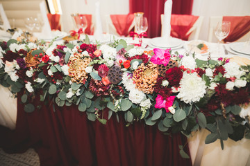 Interior of a restaurant prepared for wedding ceremony