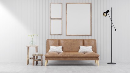 Living room with Leather sofa have pillows, Blank poster on white wall, 3D Rendering