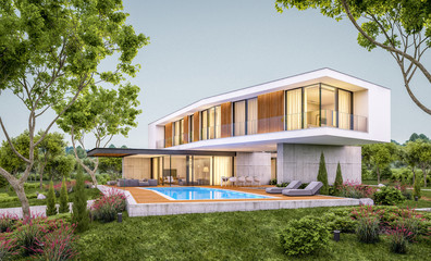 Fototapeta na wymiar 3d rendering of modern cozy house on the hill with garage and pool for sale or rent with beautiful landscaping on background. Clear summer evening with cozy light from window.