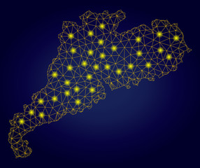 Yellow mesh vector Guangdong Province map with glare effect on a dark blue gradiented background. Abstract lines, light spots and dots form Guangdong Province map constellation.
