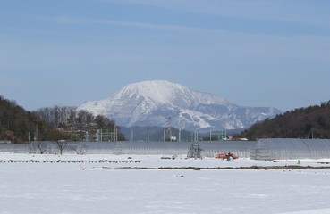 積雪した畑から見える滋賀県の名峰、伊吹山を望む冬景色
