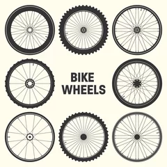 Fotobehang Bicycle wheel symbol vector illustration. Bike rubber mountain tyre, valve. Fitness cycle, mtb, mountainbike. © 32 pixels
