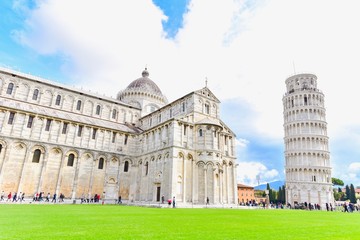 The Leaning Tower of Pisa with Pisa Cathedral on Sunny Day