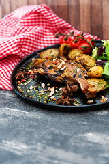 Dish made with cooked duck meat, dehydrated potato, fresh cream of mushroom and cheese