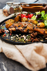 Dish made with cooked duck meat, dehydrated potato, fresh cream of mushroom and cheese