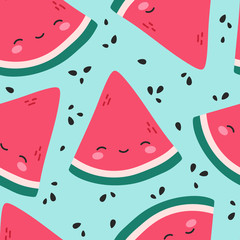 Watermelon Cute Face Seamless Pattern Background, Vector illustration