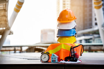 Fototapeta premium Teamwork of the construction team must have quality and safety at work. Whether it is engineering, construction workers. And wearing a quality safety helmet to wear at work