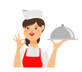 The girl chef holds a tray for hot dishes and with an Ok sign on her hand. Vector illustration on white background.