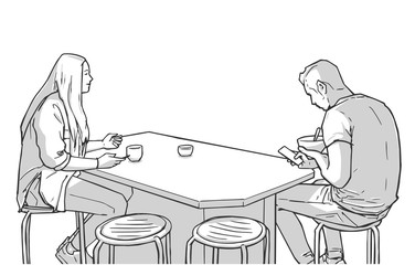 Illustration of young couple having coffee and talking over kitchen table
