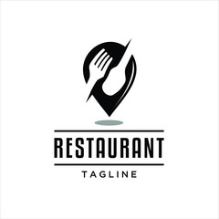 Creative design pin food restaurant location. Fresh and delicious food logo map concept. Stylized symbols, signs, vector emblem icons and logos for bistro, bar, cafe, bakery, dinner.