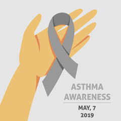 Fototapeta premium A square vector image with a gray ribbon as a symbol of asthma awareness. A world asthma day. A template for a medicine flyer poster card design 
