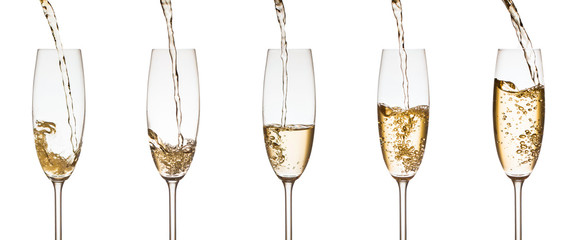 Champagne is poured into glasses on a white background, collage