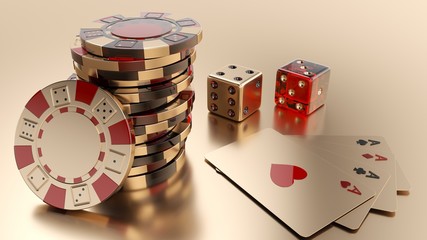 Gold Casino Chips, Dices And Four Aces Isolated On The Golden Background - 3D Illustration 