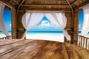 Desk of free space and summer beach landscape 