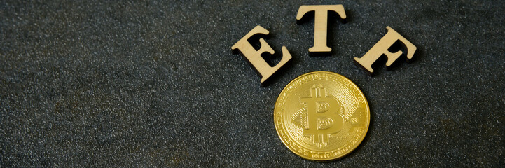 Bitcoin coin with ETF text on stone background