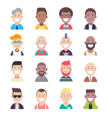 Diversity people avatar flat icon set. Vector men characters.