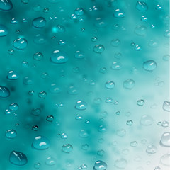 vector realistic water drops. modern realistic background of water drops on blue  background. design for cover design, wrapping paper, flyer, poster.