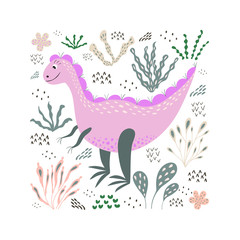 stylish illustration with dinosaur. lovely childish card in spring colors. greeting card,poster,banner illustration. isolated scandinavian cartoon illustration.