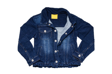 Kids jeans jacket isolated. A stylish fashionable denim dark blue jacket with a light blue lining for the little girl. Children jeans fashion.