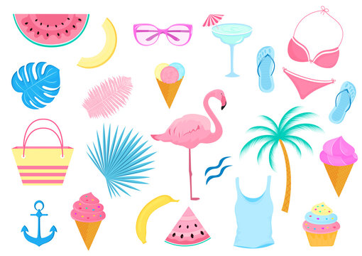 Summer set of decorative items for a beach holiday. Swimsuit, flamingo, palm tree, slices of watermelon, glasses, ice cream