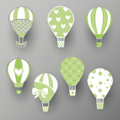 Collection of hot air balloons. Cute baby illustration. Vector travel concept. Icon design, wall stickers, design for kids. Vector illustration.