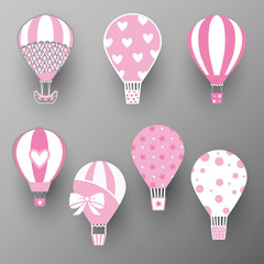 Collection of hot air balloons. Cute baby illustration. Vector travel concept. Icon design, wall stickers, design for kids. Vector illustration.