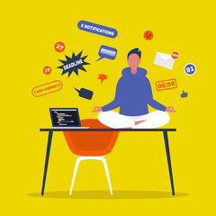 Meditation. Yoga at the office. Harmony and relaxation. Calm male character sitting in a lotus pose on a desk surrounded by the cloud of pop up notifications. Flat editable vector illustration