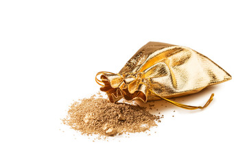 Golden sand in pouch isolated