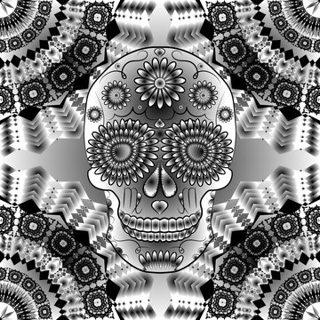 black and white illustration with a skull on an openwork ornament, a symbol of the traditional Mexican holiday Day of the dead and the Day of angels
