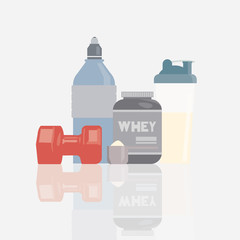 Whey protein, sports shaker, water bottle and dumbbells vector illustration, isolated from the background. Icons of sports supplements or nutrition. Protein drink in flat style.