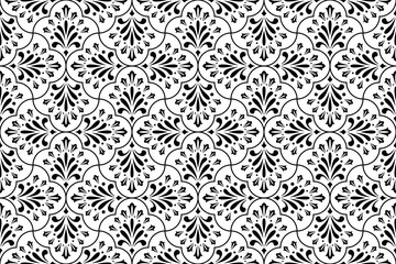 Flower geometric pattern. Seamless vector background. White and black ornament. Ornament for fabric, wallpaper, packaging. Decorative print