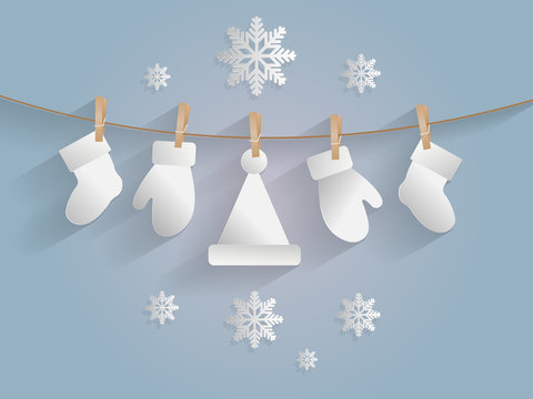 Hang winter clothes. Santa stocking cap glove. vector icon paper art style.