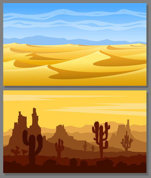 Set of desert landscapes with yellow sand dunes, cacti, succulents, mountains and blue sky. Vector illustration.