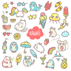 Kawaii cute collection of super cute animals and summer sweets and elements.