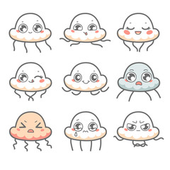 Collection of emotional little jellyfish. Emoji, emoticons
