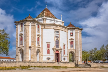 Fototapeta na wymiar Full panoramic view of the classic baroque building, Lord Jesus da Pedra Sanctuary, Catholic religious building in Obidos, Portugal