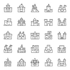 Castles of different shapes, icon set. Castle, linear icons. Line with editable stroke