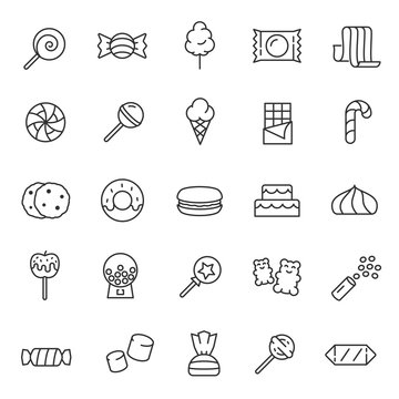 Candy, confectionery, icon set. Confections, sweets, sweet pastries, linear icons. Line with editable stroke