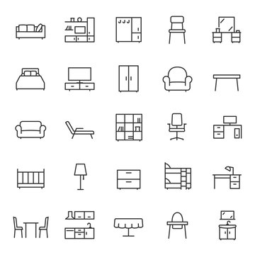 Furniture, icon set. Home interior, linear icons. Piece of furniture for the living room, bedroom, office, workplace, children's room and kitchen. Line with editable stroke