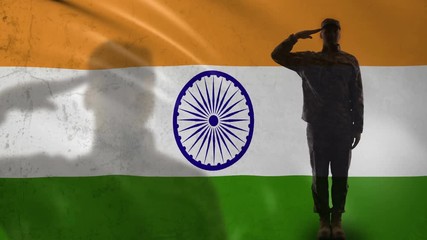 Indian soldier silhouette saluting against national flag, professional army