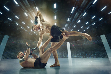 The hit of the king. Two professional fighters posing on the sport boxing ring. Couple of fit...
