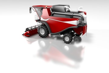 industrial 3D illustration of big beautiful red farm agricultural combine harvester back top view with reflection on white, mockup with place for your content