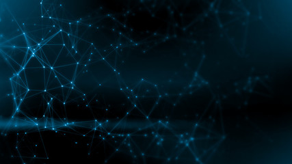 3D Rendering of Abstract polygonal space low poly network nodes with connected dots and lines on dark blur blue tone background. Concept for digital technology, telecom, big data, ai, block chain