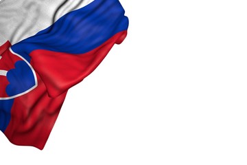 beautiful any occasion flag 3d illustration. - Slovakia flag with large folds lying in top left corner isolated on white