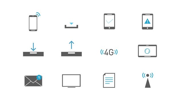 Internet Wireless Technology Icons Set/ 4k animation of a pack of internet tehcnology icons and symbols, for business