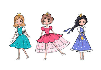Set of Funny hand drawn beautiful cute little princesses with crown isolated on the white background. Vector illustration in cartoon style