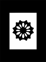 Ornate abstract black symbol on white background and black frame